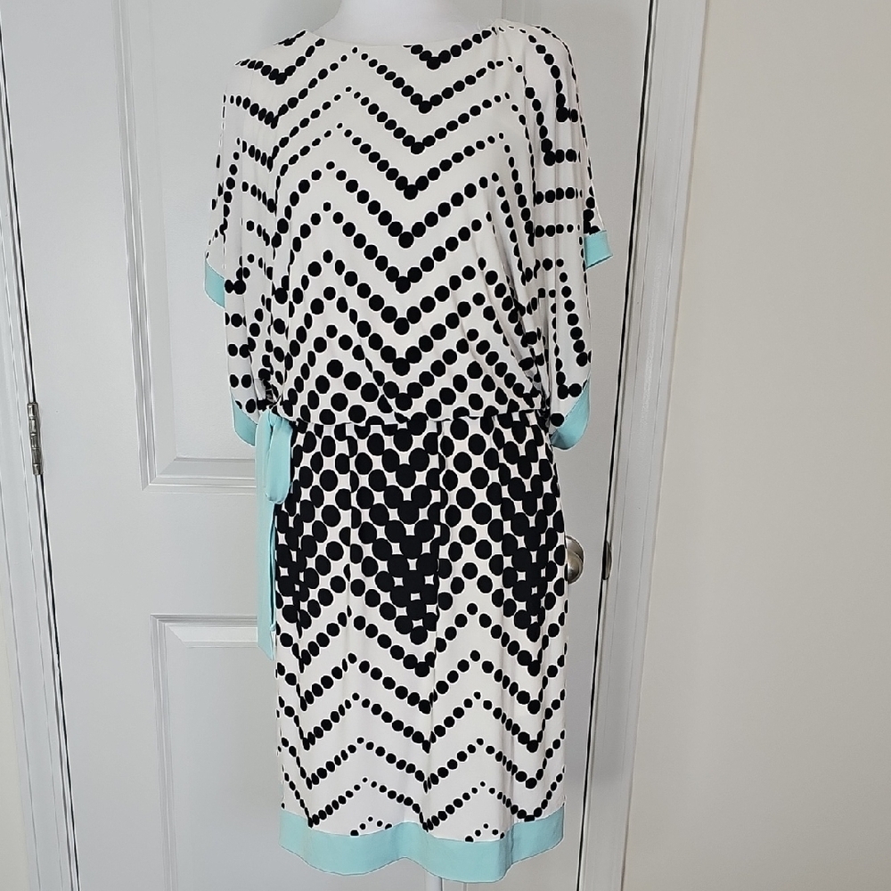 Sandra Darren Chevron Dot Dress in Black, White, and Light Blue Size 8 - Picture 1 of 10